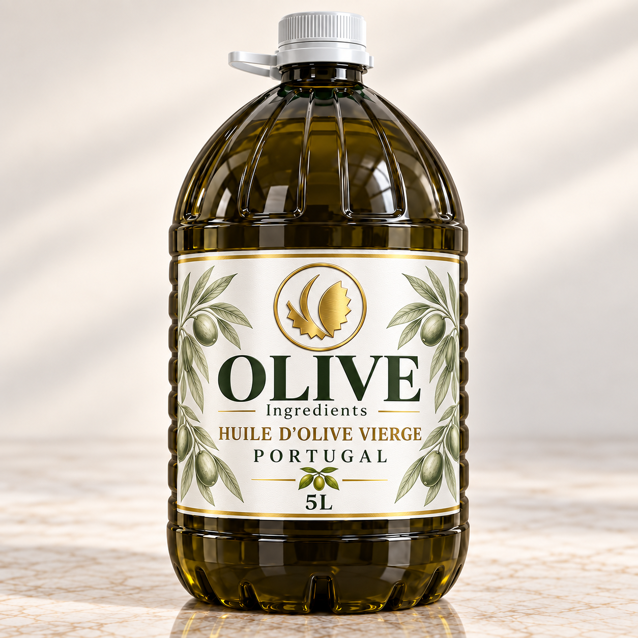 3 bidons de 5 L huile d’olive vierge, étiquette « OLIVE Ingredients · HUILE D’OLIVE VIERGE · PORTUGAL · 5L »